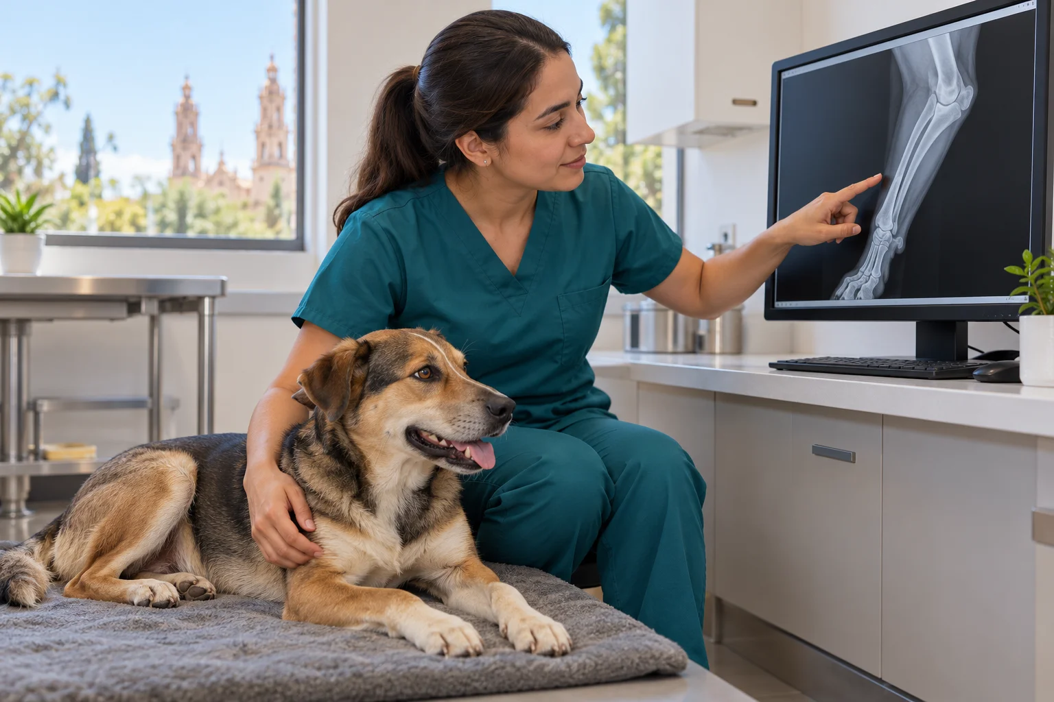 Imagen conceptual de una veterinaria revisando una radiografía junto a un perro