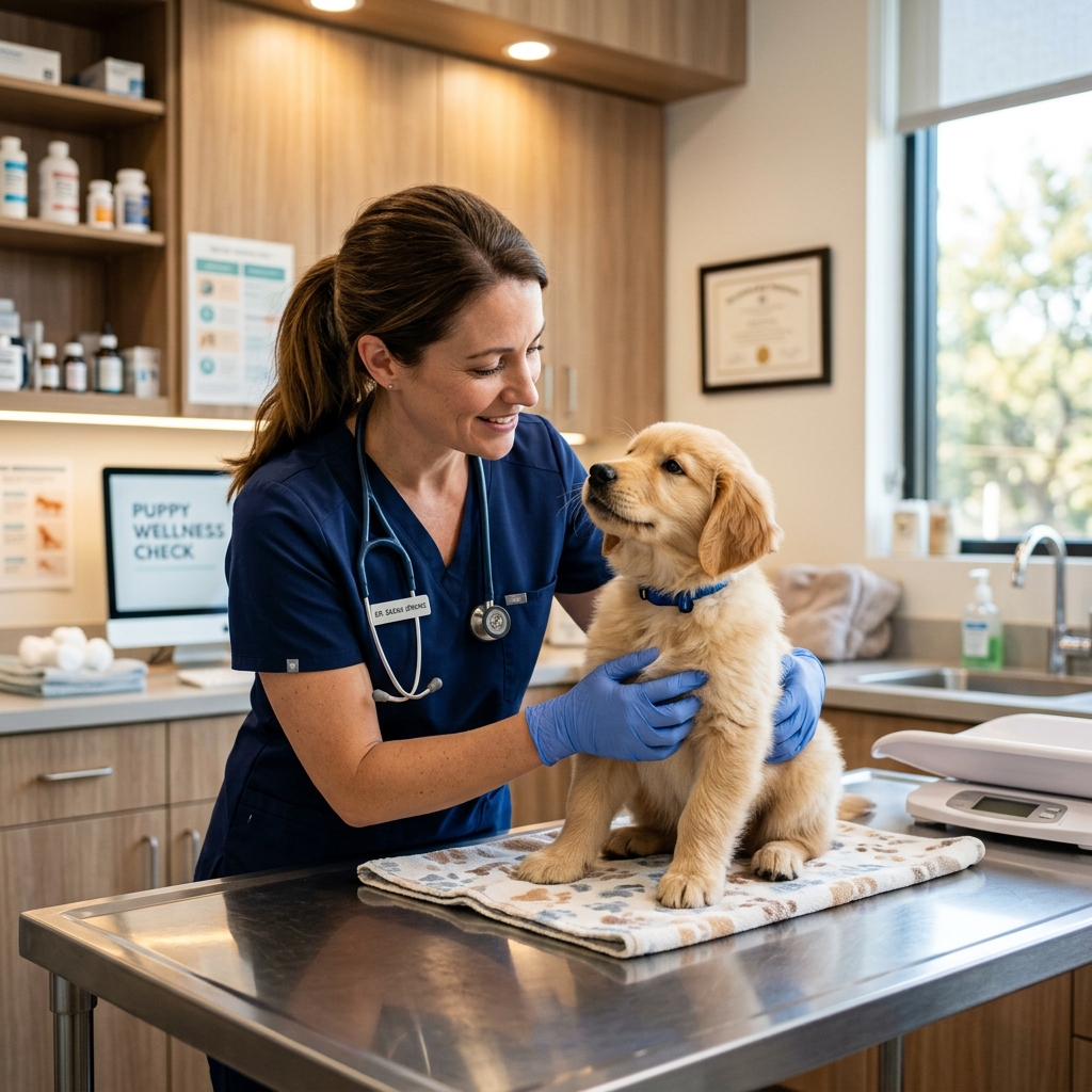 Veterinaria examinando un cachorro